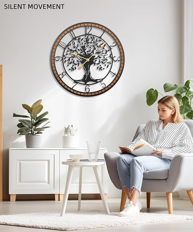Axioglo Wall Clock,32" Large Wall Clock for Living Room Decor,Tree of Life and Wooden Frame Design,Non-Ticking Battery Operated,for Dining Room,Bedroom,Kitchen,Office Arabic Decoration