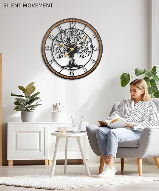 Axioglo Wall Clock,32" Large Wall Clock for Living Room Decor,Tree of Life and Wooden Frame Design,Non-Ticking Battery Operated,for Dining Room,Bedroom,Kitchen,Office Arabic Decoration