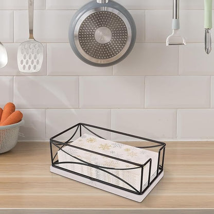 Livabber Guest Napkin Holder, Metal Bathroom Paper Hand Towel Storage Modern Napkin Tray Caddy for Countertop, Table Kitchen, Dinning Room (Black, Marble Base)