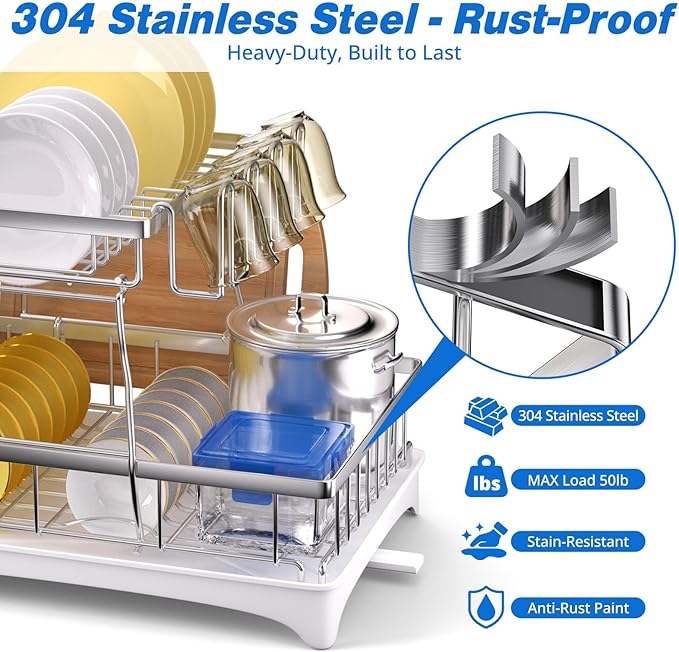 Godboat Dish Drying Rack, 2-Tier Dish Rack with Auto-Drain & Mat, 304 Stainless Steel Dish Racks for Kitchen Counter, Dish Drainer with Knife, Fork & Cup Rack, Gifts for Women, Mothers Day, Silver
