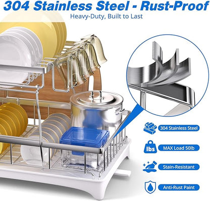 Godboat Dish Drying Rack, 2-Tier Dish Rack with Auto-Drain & Mat, 304 Stainless Steel Dish Racks for Kitchen Counter, Dish Drainer with Knife, Fork & Cup Rack, Gifts for Women, Mothers Day, Silver