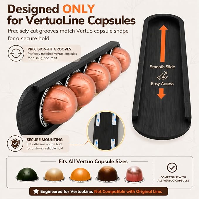 Bamboo Coffee Pod Holder, Adhesive Wall Mount (No Drilling) for Inside Cabinet Door, 20-Capsule Storage (Set of 4), Vertical & Horizontal, Compatible with Nespresso Vertuo Line-Black