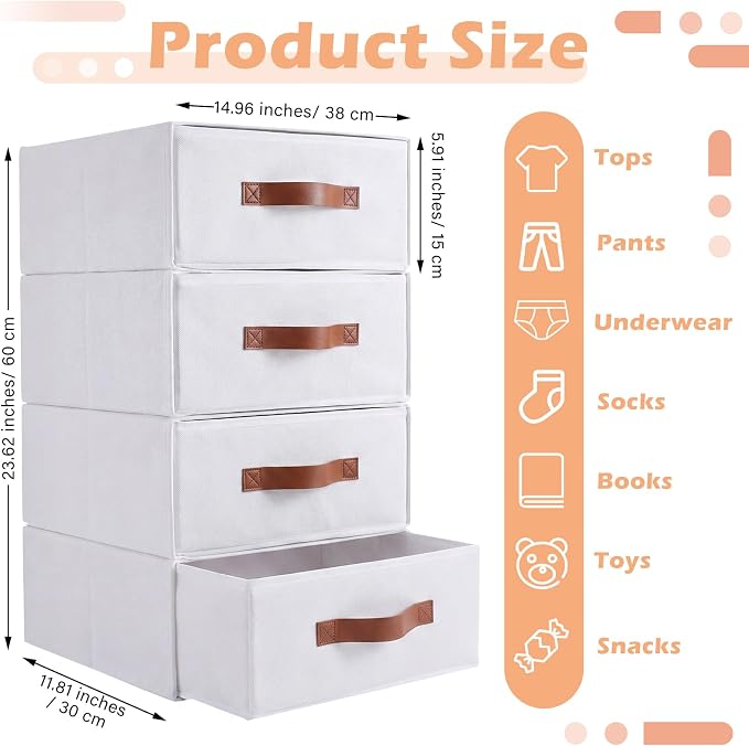 Windyun 4 in 1 Stackable Storage Drawers Closet Organizer with Dividers for Socks Underwear Bras Scarves Ties Large Dresser Organizer Bins Foldable Clothes Storage Boxes, 12 x 15 x 6 Inch(White)