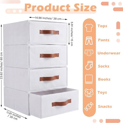 Windyun 4 in 1 Stackable Storage Drawers Closet Organizer with Dividers for Socks Underwear Bras Scarves Ties Large Dresser Organizer Bins Foldable Clothes Storage Boxes, 12 x 15 x 6 Inch(White)