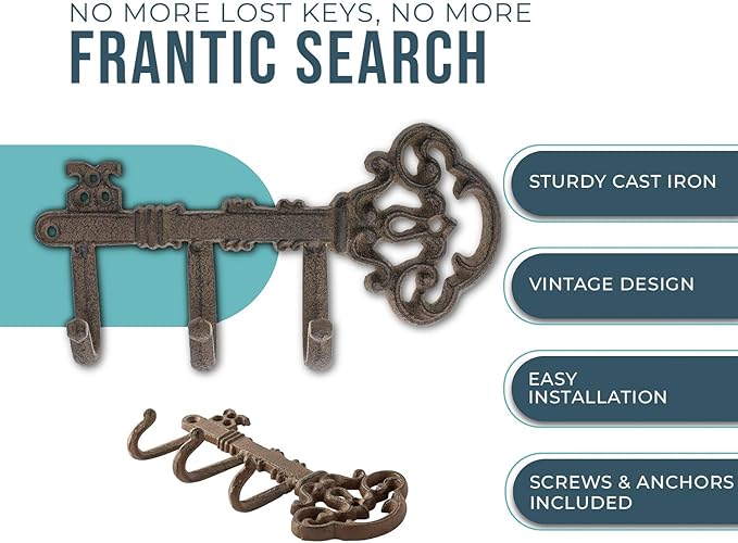 Comfify Decorative Skeleton Key Hook – Wall Mounted Cast Iron with 3 Hooks – Vintage Rustic Style – 7.7" x 4.5" – Includes Screws and Anchors