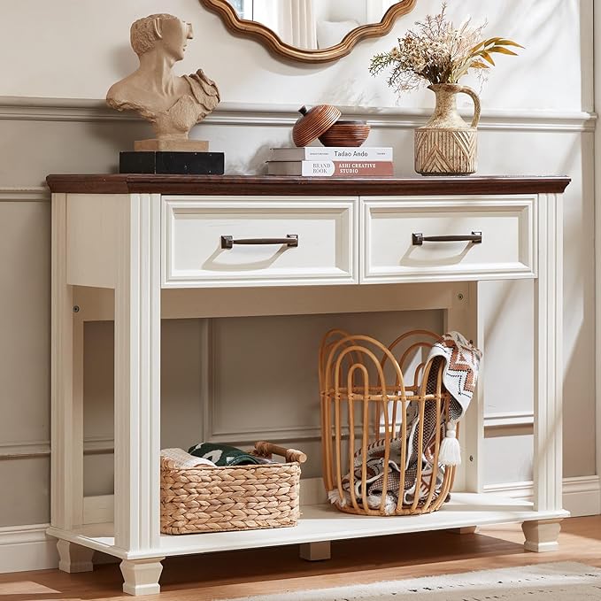 Farmhouse 46" Console Table with 2 Drawers, Rustic Wood 2 Tier Entryway Table with Open Storage Shelf for Entry, Large Mid-Century Vintage Sofa Tables Behind Couch for Living Room, White