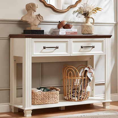 Farmhouse 46" Console Table with 2 Drawers, Rustic Wood 2 Tier Entryway Table with Open Storage Shelf for Entry, Large Mid-Century Vintage Sofa Tables Behind Couch for Living Room, White