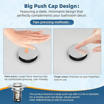 Hibbent 2 Pack Upgraded 3 in 1 Bathroom Sink Drain Strainer, Pop Up Sink Stopper with Big Push Cap, Anti-Clogging Metal Filter Basket,Sink Plug with Hair Catcher for 1.1''~2.36'' Basin, Chrome