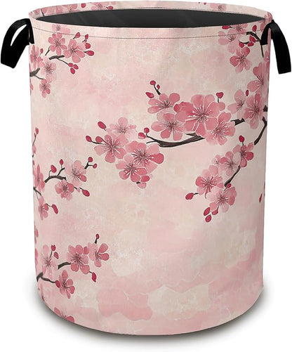 Laundry Hamper,Pink Flower Laundry Basket,Cherry Blossom Waterproof Oxford Cloth Storage Basket with Handle for Clothes Books Nursery Home Storage Sundries 16"x20"