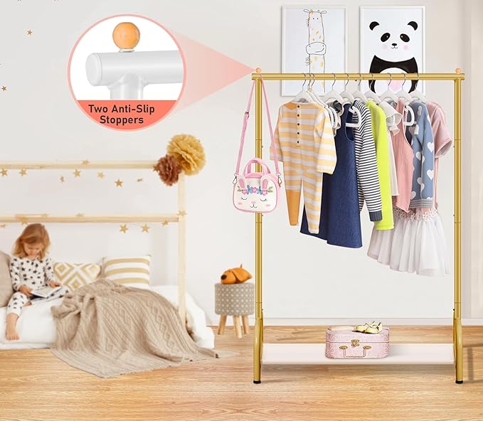 SLEEPING LAMB Baby Clothing Rack, Small Kids Clothes Rack with Bottom Storage Shelf, Child Clothes Hanger Rack for Coats, Metal Dance Costume Garment Rack for Hanging Clothes, Gold