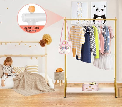 SLEEPING LAMB Baby Clothing Rack, Small Kids Clothes Rack with Bottom Storage Shelf, Child Clothes Hanger Rack for Coats, Metal Dance Costume Garment Rack for Hanging Clothes, Gold