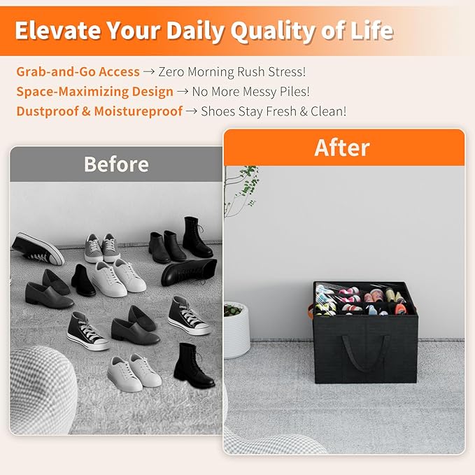 Aokeyee Shoe Organizer for Closet, 2 Pack Foldable Shoe Storage Organizer Box w/Clear Cover and 4 Reinforced Handles, Space Saving Shoes Bin Fits up to 16-32 Pairs, Black