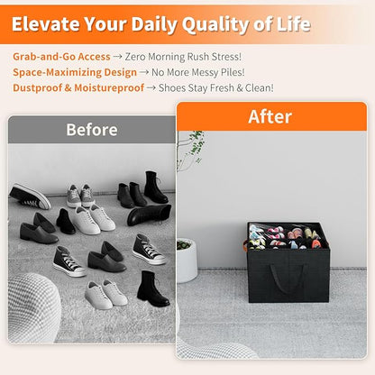 Aokeyee Shoe Organizer for Closet, 2 Pack Foldable Shoe Storage Organizer Box w/Clear Cover and 4 Reinforced Handles, Space Saving Shoes Bin Fits up to 16-32 Pairs, Black
