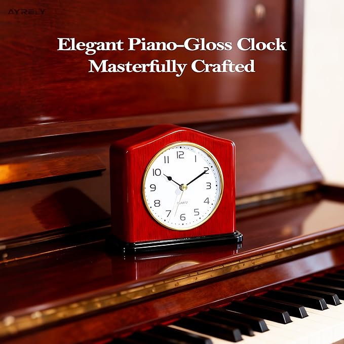 AYRELY® Mantel Clock, Handcrafted Solid Wood Desk Clock with Silent Movement, Piano-Gloss Finish, Elegant Table Clock for Fireplace, Bedroom, Office & Gifts