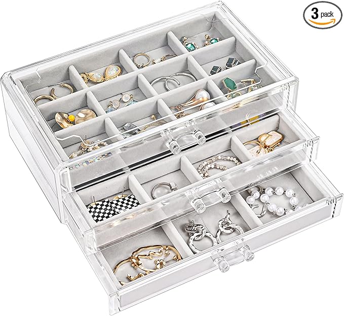 ProCase Earring Holder Organizer Jewelry Box with 3 Drawers, Acrylic Clear Earring Case with Adjustable Velvet Trays for Women - Grey, 3 Layers