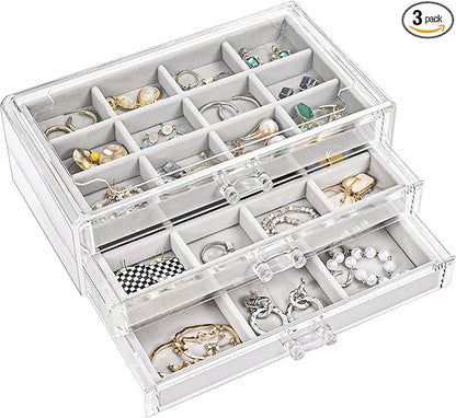 ProCase Earring Holder Organizer Jewelry Box with 3 Drawers, Acrylic Clear Earring Case with Adjustable Velvet Trays for Women - Grey, 3 Layers
