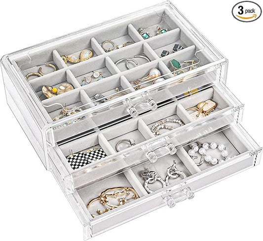 ProCase Earring Holder Organizer Jewelry Box with 3 Drawers, Acrylic Clear Earring Case with Adjustable Velvet Trays for Women - Grey, 3 Layers