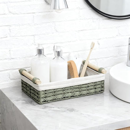 Baskets for Organizing, Set of 2 Green Wicker Bathroom Countertop Baskets with Liner, Paper Rope Basket Organizer with Wooden Handles for Vanity, Counter, Shelf Storage