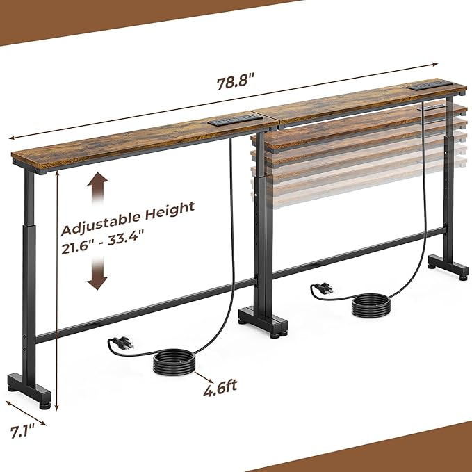 Dicasser 2 Pack Narrow Console Sofa Table with Adjustable Height (22"-33") & 2 Power Outlets, Skinny Behind Couch Table for Living Room Entryway Hallway, 79" L x 7" W x 33" H (Rustic Brown)