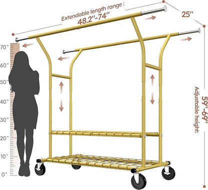 Raybee 74" W Heavy Duty Clothes Rack, Double Rods Gold Clothing Rack Load 630 LBS, Rolling Clothes Racks for Hanging Clothes 400+, Garment Rack with shelves for Bedroom, Laundry Room, Retail Store