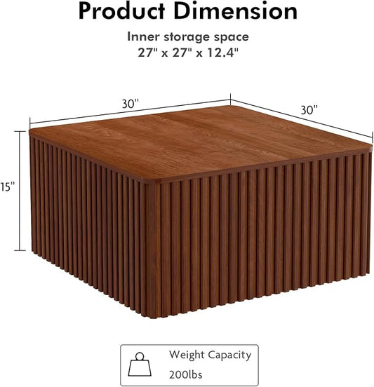 Fluted Square Coffee Table with Storage Large Wood Center Table with Solid Wood Veneer Top Mid Century Modern Low Coffee Table for Living Room, Rustic Brown