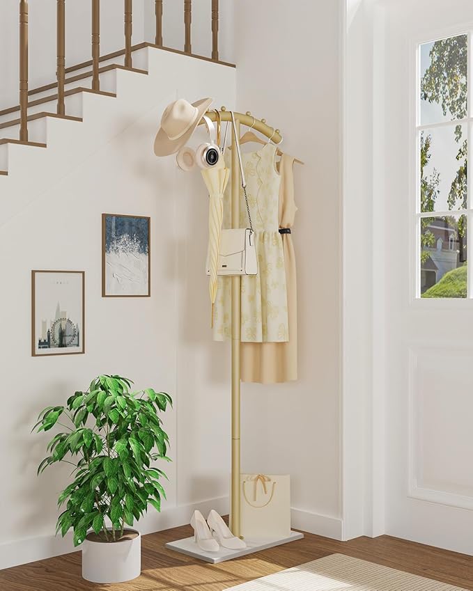 Arcuate Garment Rack, T-shaped Coat Tree Freestanding, Metal Coat Racks, Natural Stable Rock Base, Suitable For Entrances, Corridors, Halls, 68.9in, Gold