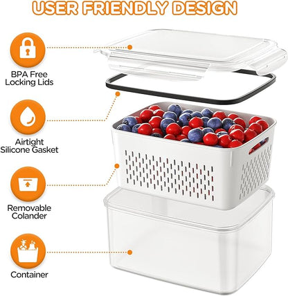 6 PCS Fruit Storage Containers for Fridge with Removable Colanders, 6 Plastic Food Storage Containers with 6 Lids, Leakproof Produce Containers Keep Fruits, Vegetables, Berry, Meat Fresh Longer