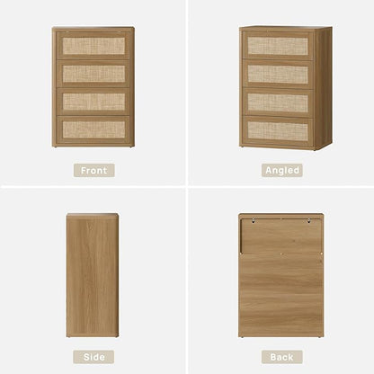 SICOTAS 4 Drawer Dresser for Bedroom-40.59'' Tall Rattan Bedroom Dressers with Oversized Drawers, Modern Wooden Chest of Drawers, Push-to-Open Storage Dresser for Closet, Nursery, Amber Oak, 2PCS