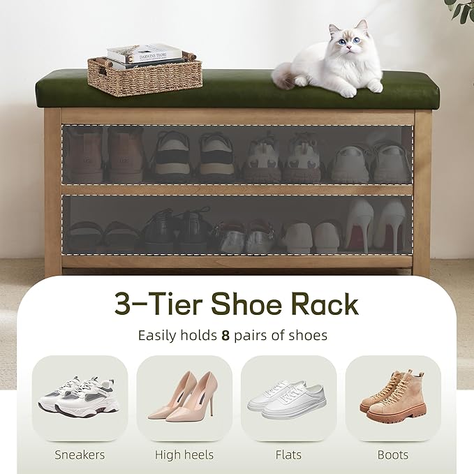Shoe Rack Bench with Leather Cushion, 2 Tier Solid Wood Storage Bench, Mid-Century Modern Shoe Bench for Entryway, Hallway, Closet, Front Door Entrance, Foyer (Green, 39.4")