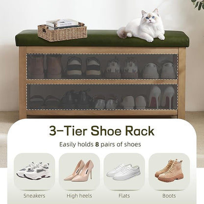 Shoe Rack Bench with Leather Cushion, 2 Tier Solid Wood Storage Bench, Mid-Century Modern Shoe Bench for Entryway, Hallway, Closet, Front Door Entrance, Foyer (Green, 39.4")