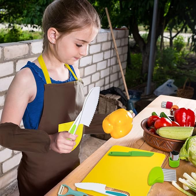 14 Pieces toddler knife, Kids Knife Set Include Wood Kids Safe Knife, Plastic Toddler Knife, Cutting Board, Apron, Y Peeler, Crinkle Cutter, Kitchen Sleeves Covers, Gloves, Sandwich Cutter