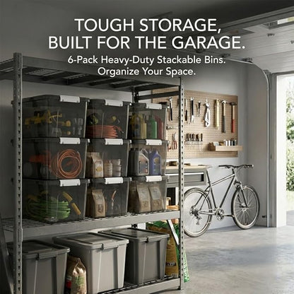 19 Quart Stackable Plastic Storage Bins with Lids, 6 Pack Clear Black Organizer Boxes with Secure Latches for Garage, Tools, Closet, Office, Durable Storage