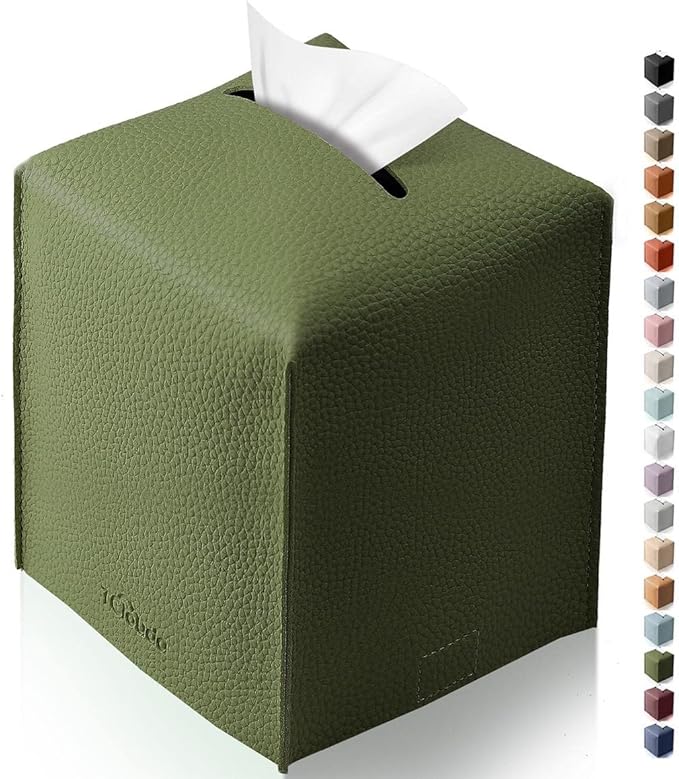 Tclouda Tissue Box Cover for PU Leather, Modern Simple Solid Color Holder Square Tissue Bag, Ideal for Bathrooms,Office,Car,Nightstand,Outdoor Tent,Dining Table,5"X5"X5", Single Green