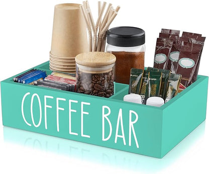 ALELION Turquoise Coffee Station Organizer with Removable Dividers - K Cup Pod Holder Storage Basket for Sugar, Tea - Teal Coffee Bar Kitchen Decor Accessories Organizer for Countertop