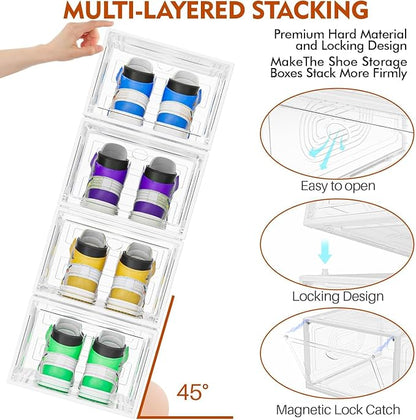 caktraie 10 Pack Thicken Shoe Organizer Stackable,Upgraded Sturdy Shoe Storage Box with Magnetic Door,Shoe Containers For Sneaker Display,Hat Organizer,White