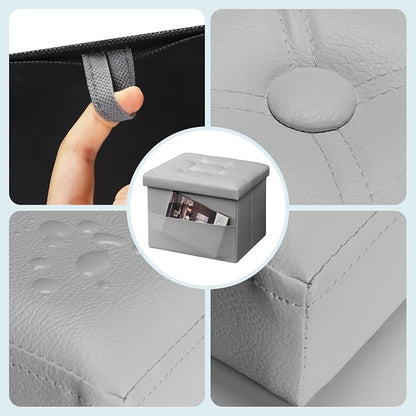 Bsketa Storage Ottoman Foot Rest Stool, Small Leather Storage Ottomans Bench, Folding Footstool with Side Pockets, Foot Rest Under Desk for Living Room Bedroom, 17x13x13 in, Grey