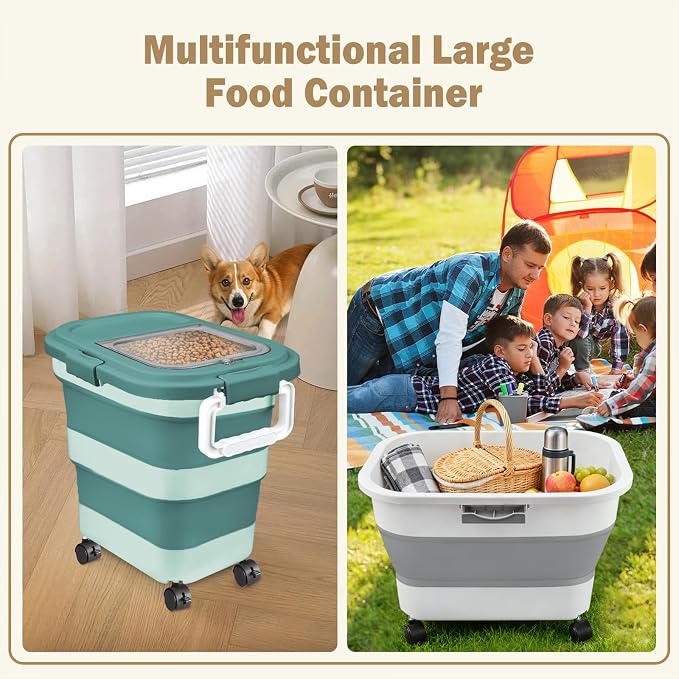 Komzon Rice Storage Container, Collapsible Airtight 10-40 Lb Rice Storage Container, 25lb Pet Dog Food Storage Container, Rice Dispenser Bin with Cup and Scoop for Flour Cereal Pasta Grain, Cat Bird