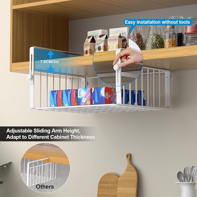 AmonHouseware 2 Pack Hanging Under Shelf Storage Basket,Adjustable Under Cabinet Add-on Storage Racks Slide-in Baskets Organizer for Laundry Room Kitchen Pantry Desk Bookshelf, White