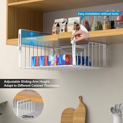 AmonHouseware 2 Pack Hanging Under Shelf Storage Basket,Adjustable Under Cabinet Add-on Storage Racks Slide-in Baskets Organizer for Laundry Room Kitchen Pantry Desk Bookshelf, White
