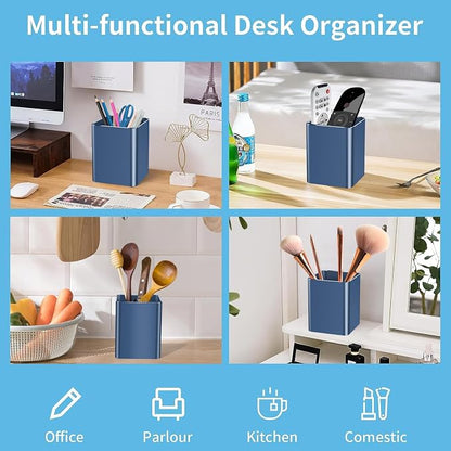 Pen holder,square pen cup, Metal pen pencil holder, desktop pencil cup stationery organization office desktop accessories, suitable for office, school, home and stationery supplies. (blue)