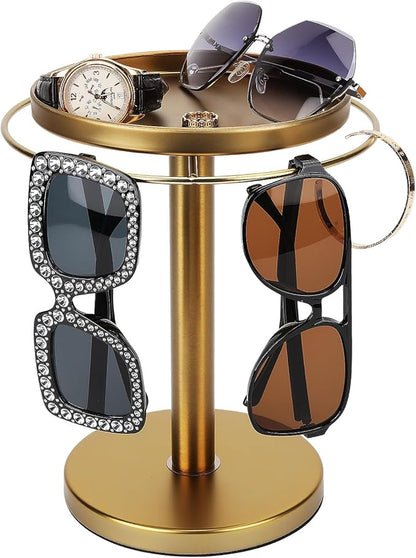 kondyfayo 360° Rotating Sunglass Organizer Storage, Stainless Steel Glasses Holder Stand, Glasses Organizer with Tray for Desk, Dresser, Tabletop, Nightstand and Home Decor (Gold)