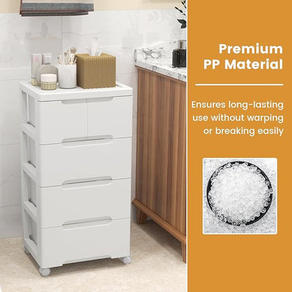 LOKO 5-Drawer Plastic Rolling Storage Cart, Mobile Storage Cabinet with 4 Universal Wheels, Vertical Storage Tower Container Unit for Living Room, Bedroom, Home Office, White (16”x13”x31” (5 Drawers))