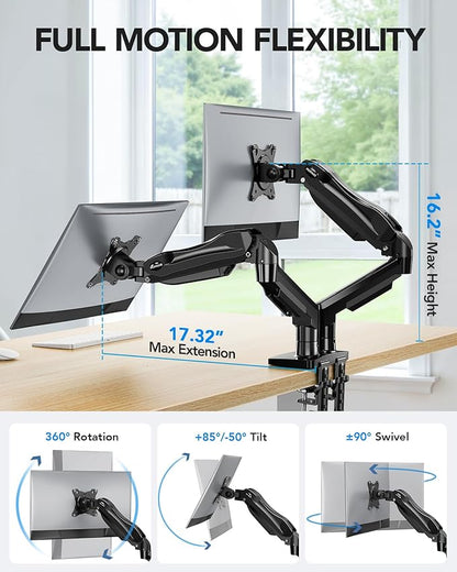 HUANUO FlowLift™ Dual Monitor Stand, Fully Adjustable Gaming Monitor Desk Mount for 13–30″ Computer Screens, Full Motion VESA 75x75/100x100 with C-Clamp & Grommet Base, Each Arm Holds 4.4 to 19.8 lbs
