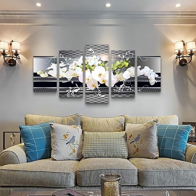 5 Piece Wall decor Canvas art for living room Picture Butterfly Orchid Flowers Contemporary Black White Abstract prints Modern Home bedroom Wall decorations inspirational wall art posters artwork