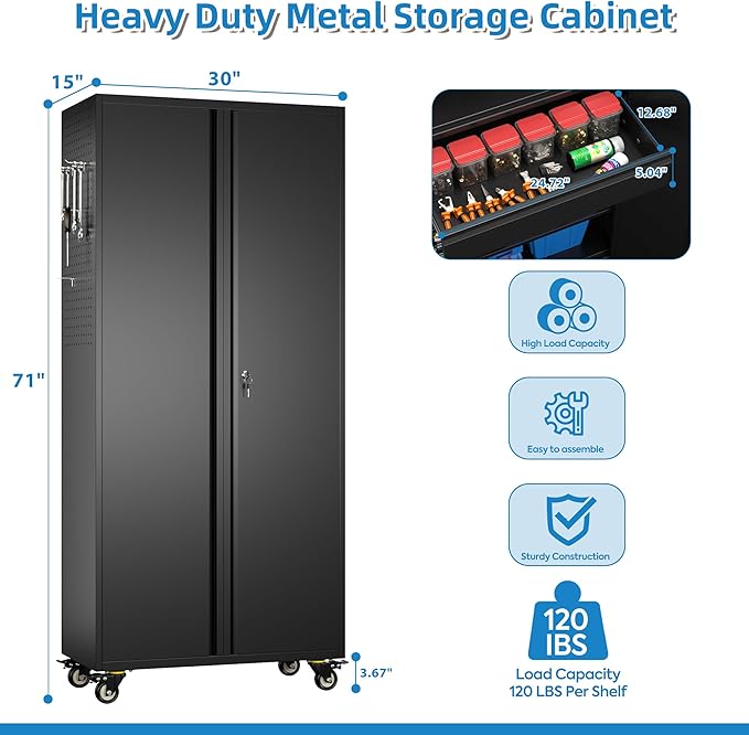 71"H Garage Storage Cabinet with Wheels, Drawer, Pegboard and 16 Hooks, Metal Storage Cabinet with Locking Doors and 2 Adjustable Shelves for Garage, Warehouse, Home, Black, Assembly Required