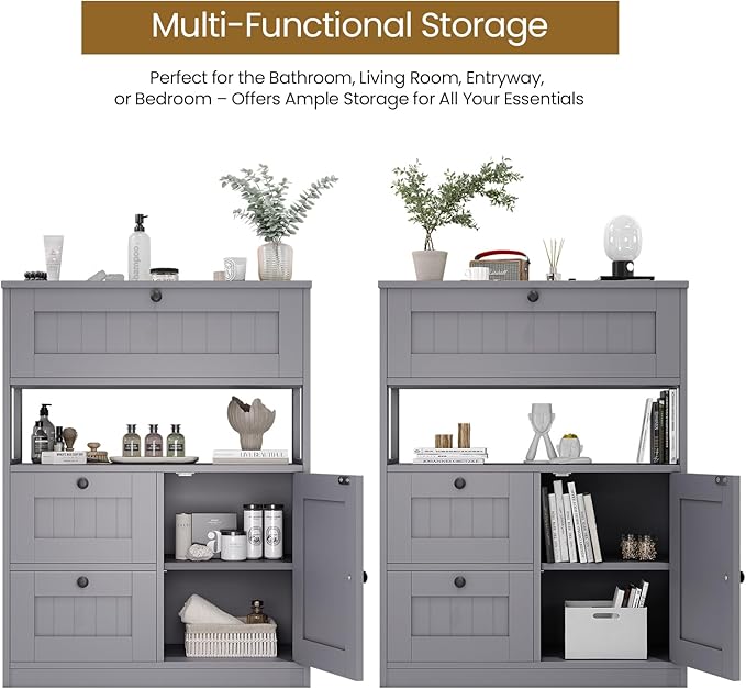 GRUSIGN Bathroom Cabinet, Modern Bathroom Floor Storage Cabinet Organizer with 1 Door and 3 Drawers, Freestanding Cupboard for Kitchen/Living Room Use