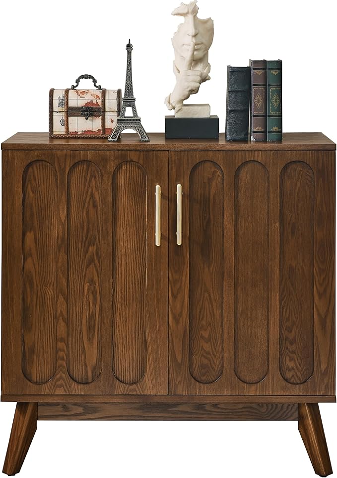 LKTART Sideboard Buffet,Mid Century Modern Storage Cabinet with Doors and Shelves, Boho Style Wooden Buffet Cabinet for Living Room,Walnut