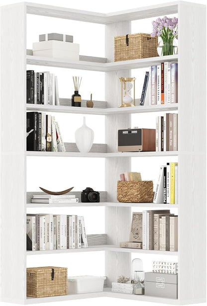 4 EVER WINNER Corner Book Shelf with LED Lights, 71” Corner Bookshelf for Living Room, Study Room, Wooden Storage Display Industrial l Shaped Bookshelf, White