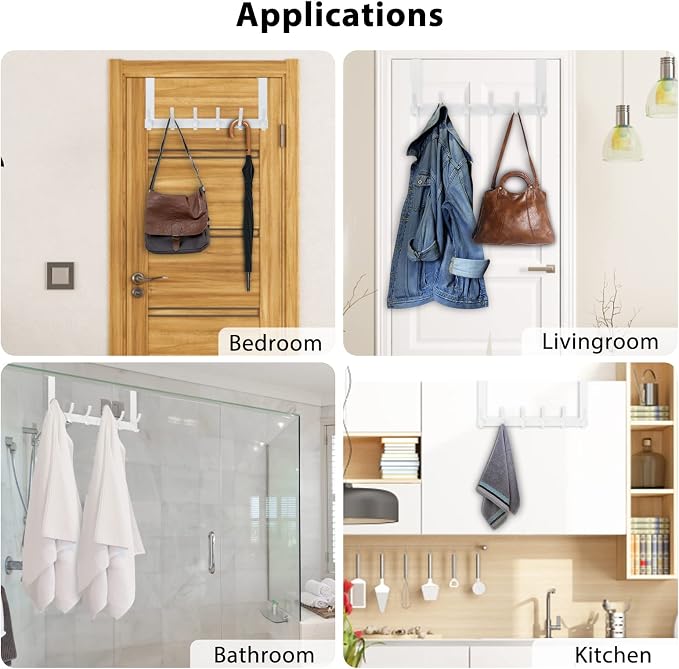 Optish Over The Door Hooks, Door Hanger Hooks for Hanging, Over The Doors Towel Racks for Bathroom with 12 Coat Hook, Coat Rack Bathroom Accessories（2 Pack, White）