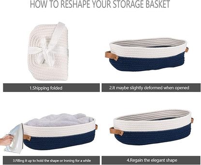Toilet Basket,Woven Storage Basket for Toilet Tank Top Farmhouse Home Decor Organizing Baskets 13"x5.9"x4" Navy Stitching White